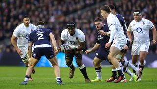  Maro Itoje of England charges upfield during the Guinness Six Nations 2024 match between Scotland and England.