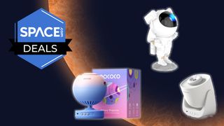 Three star projectors are on an orange planet background with the space.com logo in the top left corner.