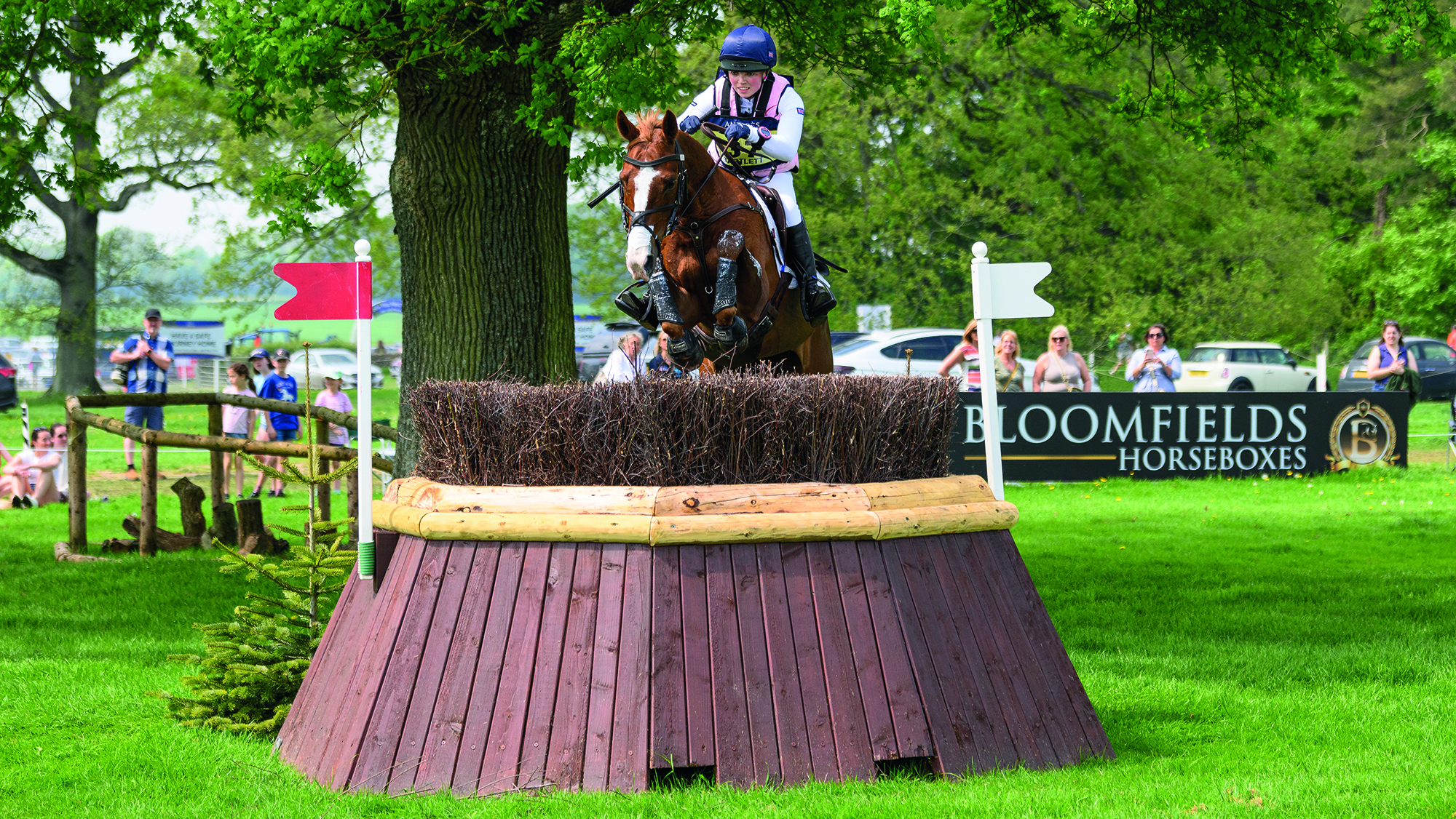 Georgia Bartlett, a rider in a pink and white top and blue hat, rides chestnut horse Spano De Nazca over a rounded wooden fence topped with brush at Badminton Horse Trials
