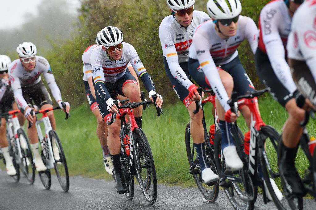 SABLESURSARTHE FRANCE APRIL 07 Mads Pedersen of Denmark and Team Trek Segafredo Yellow Leader Jersey competes during the 68th Circuit Cycliste Sarthe Pays de la Loire 2022 Stage 3 a 1765km stage from Sabl sur Sarthe to Sabl sur Sarthe CircuitSarthe on April 07 2022 in SablesurSarthe France Photo by Dario BelingheriGetty Images