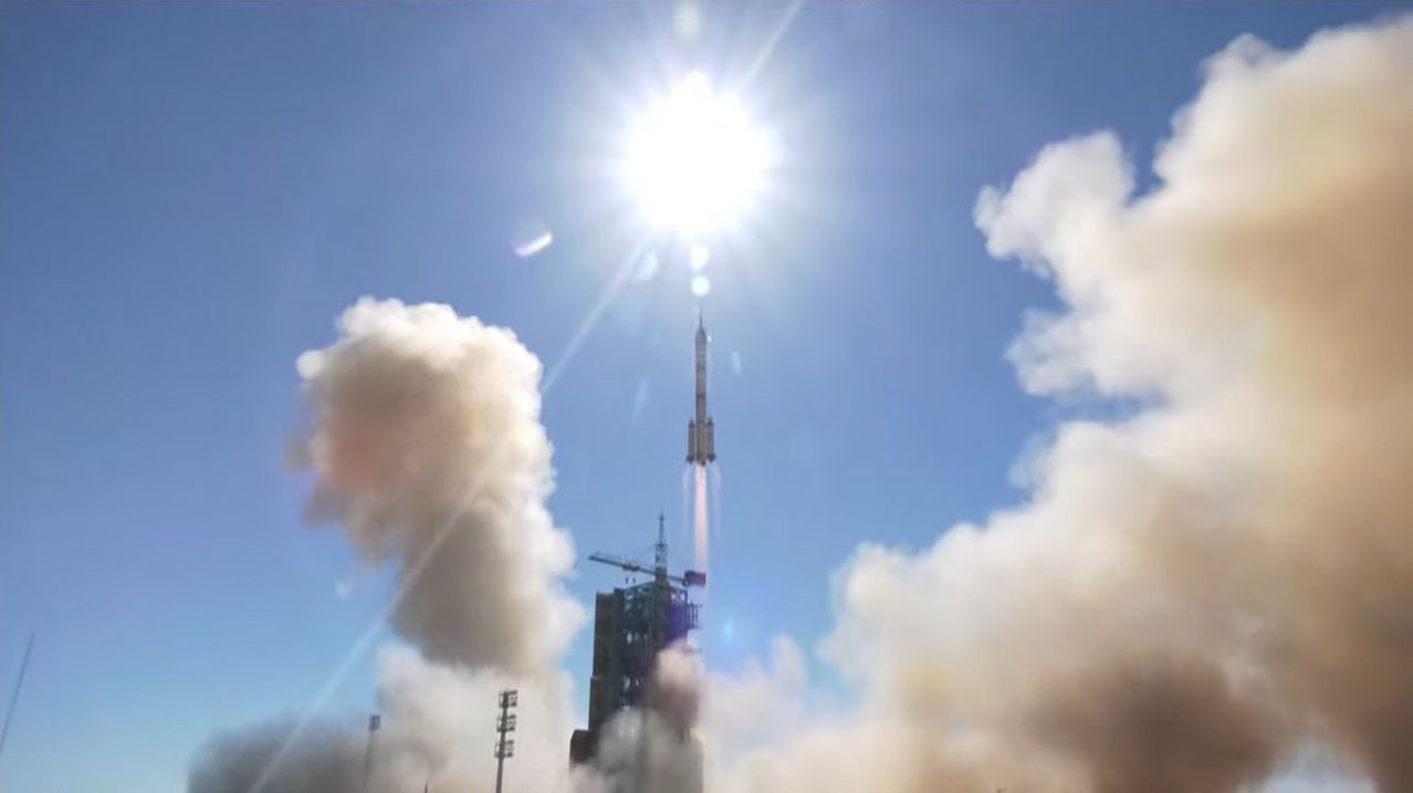 A Chinese Long March 2F rocket launches three astronauts on the Shenzhou 12 mission to the country's new Tiangong space station core module Tianhe from the Jiuquan Satellite Launch Center in northwest China at 9:22 a.m. Beijing Time on June 17, 2021.