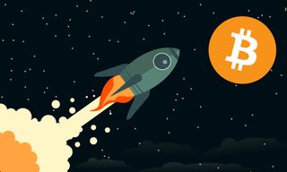 Graphic of a rocket in flight with Bitcoin as the destination