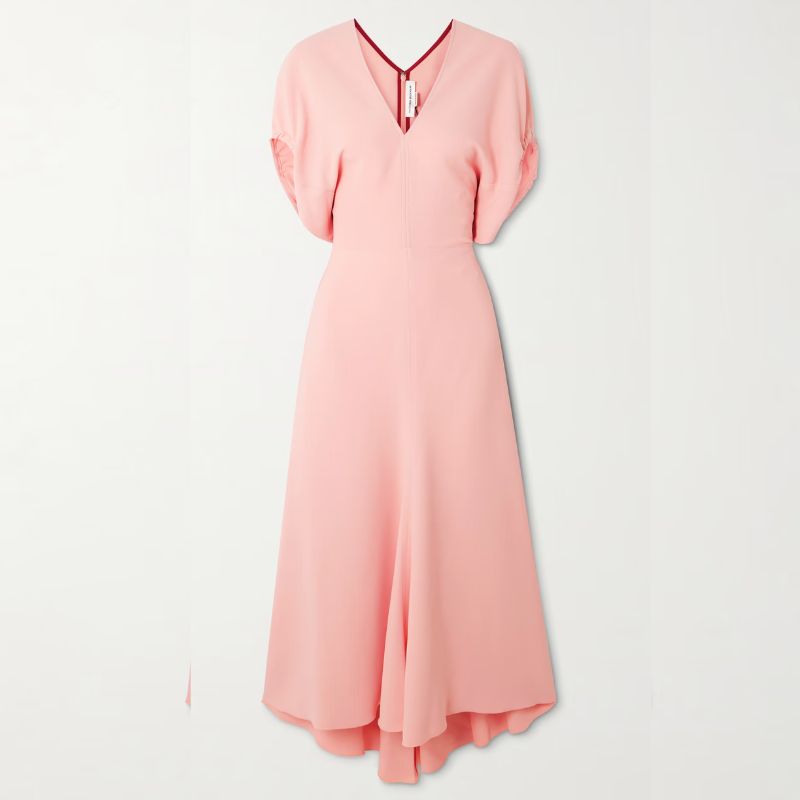VB pale pastel pink dress with V neckline and fluid sleeves
