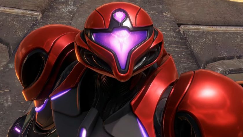 samus looking at the camera in her armor with her helmet on