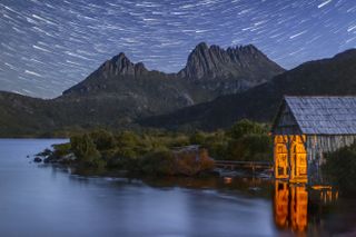 Long exposure night shot of Dove Lake and Cradle Mountain
