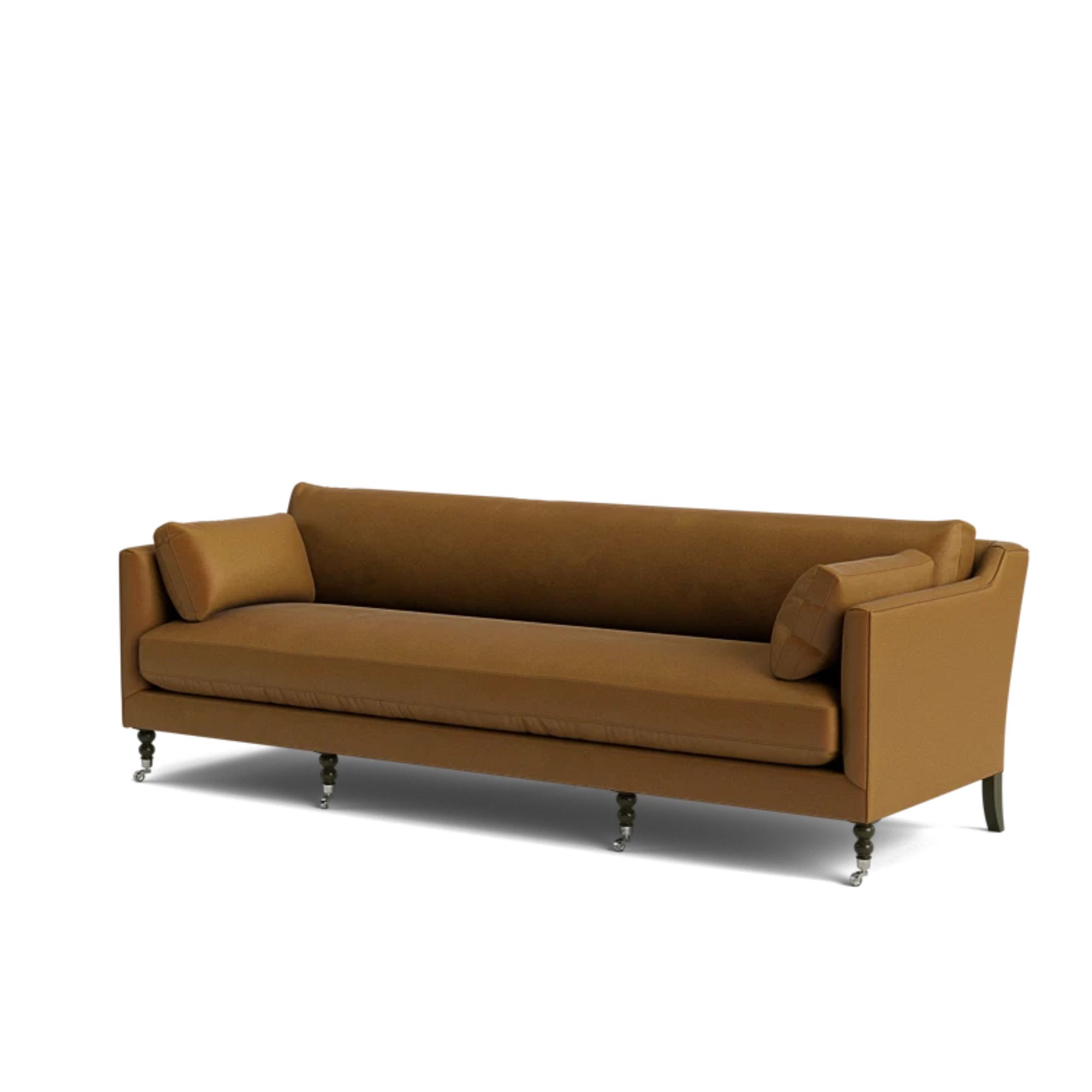 Brown velvet couch with dark wooden legs