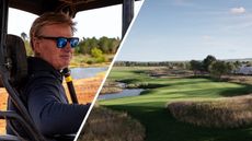 Ernie Els looks over a golf course whilst holding a piece of paper