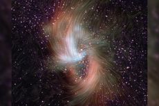 Streamlines showing magnetic fields layered over a color image of the dusty ring around the Milky Way&rsquo;s massive black hole.