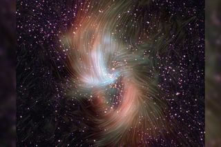 Streamlines showing magnetic fields layered over a color image of the dusty ring around the Milky Way’s massive black hole.