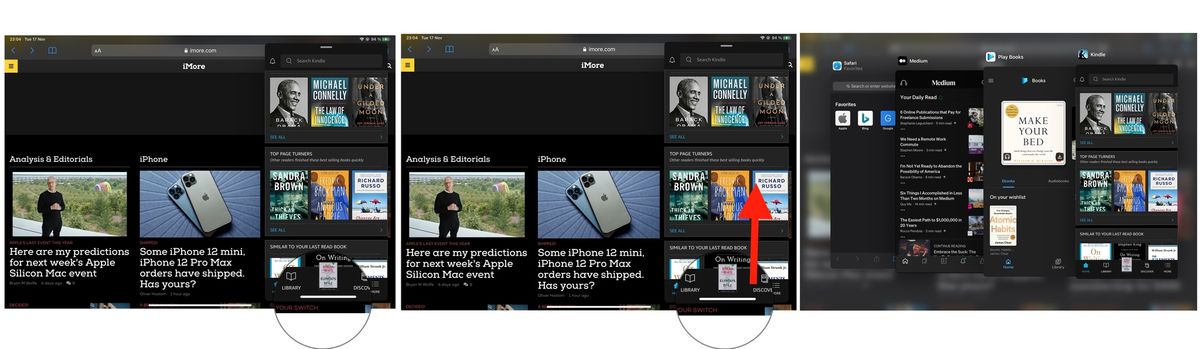 How to trigger Slide Over Switcher: With multiple Slide Over apps active, touch and drag the handle at the bottom upwards. Once you see the other apps, release your finger.