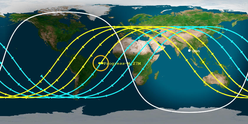 This Aerospace Corporation map shows the potential re-entry paths of Russia&#039;s doomed Progress 59 spacecraft, with re-entry plots for Friday, May 8 at 1:40 a.m. ET (0540 GMT), plus or minus 5 hours.