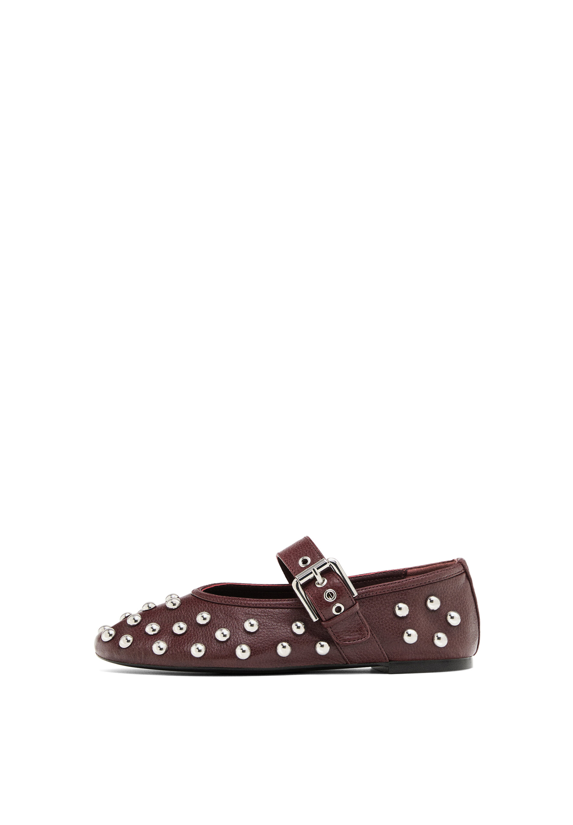 Studded, goatskin leather ballet flats in burgundy. 