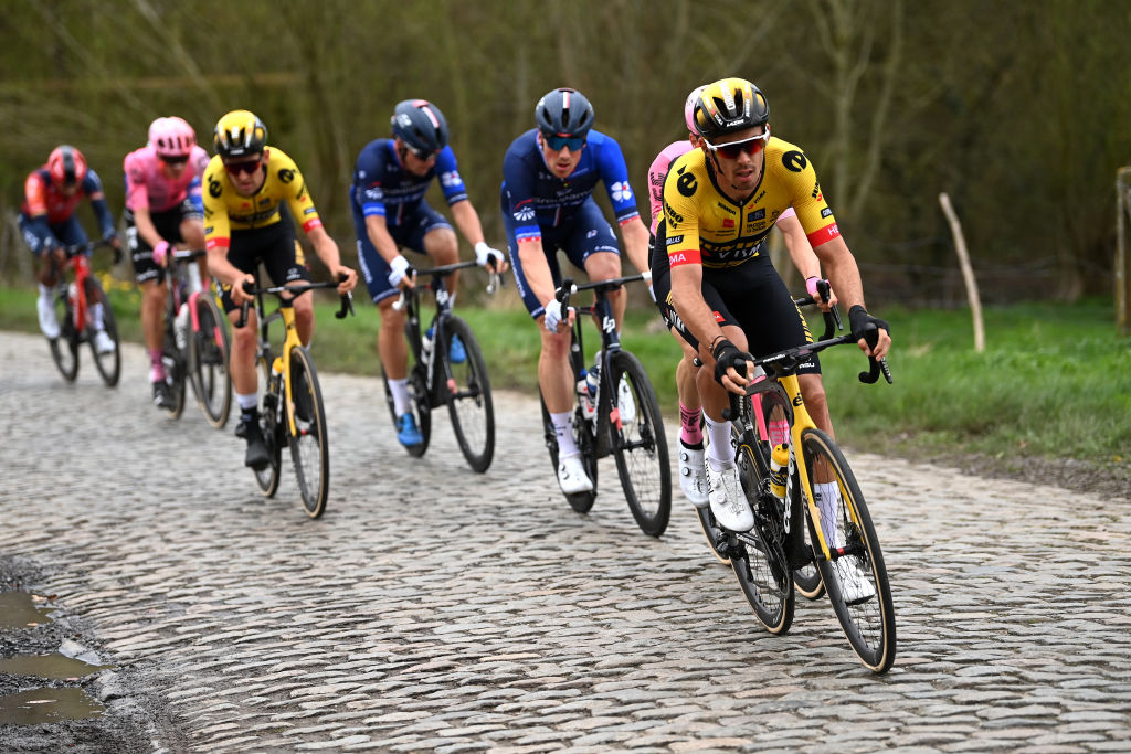 WAREGEM BELGIUM MARCH 29 Christophe Laporte of France and Team JumboVisma competes in the chase group during the 77th Dwars Door Vlaanderen 2023 Mens Elite a 1837km one day race from Roeselare to Waregem DDV23 on March 29 2023 in Waregem Belgium Photo by Tim de WaeleGetty Images