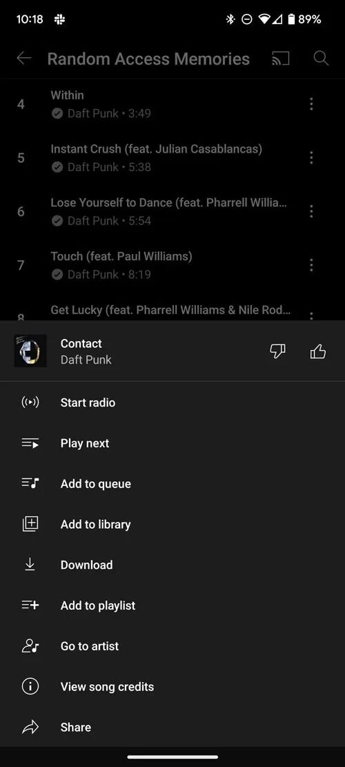 YouTube Music song credits interface