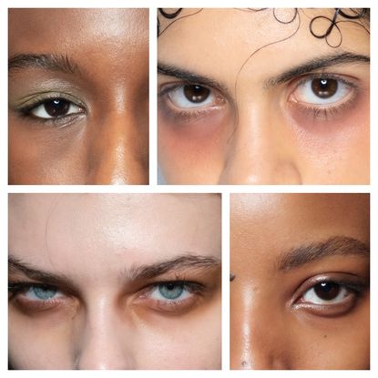 four models with different skin tones and dark circles in a grid pattern