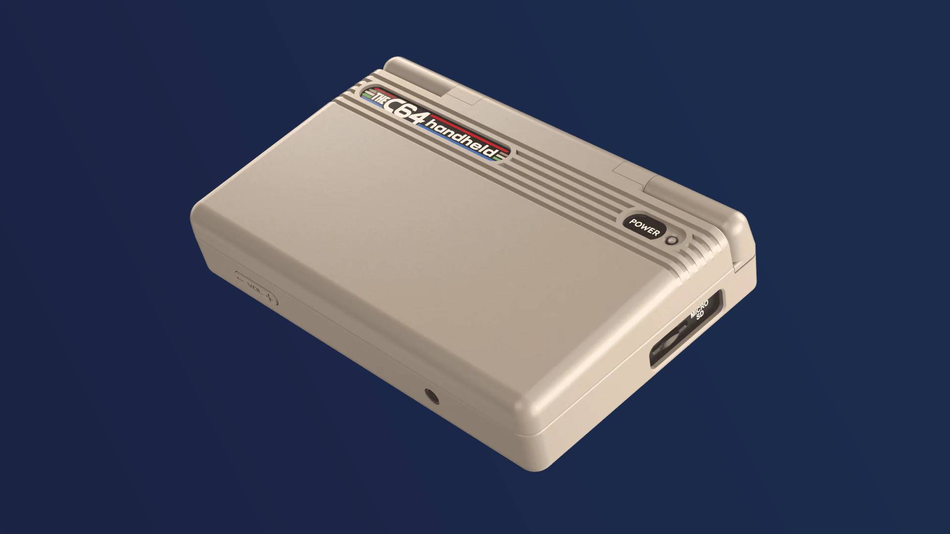 THEC64 Handheld with clamshell closed on blue backdrop.