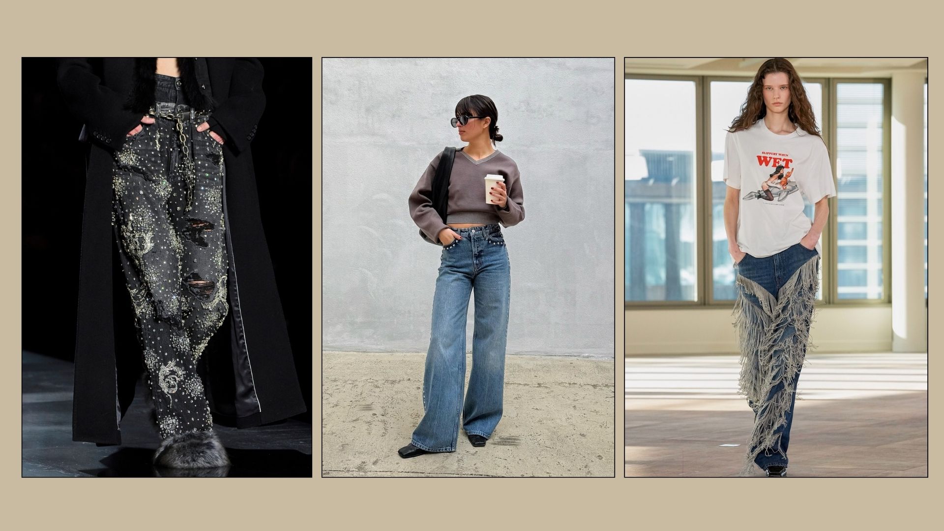 Models wears embellished jeans on the autumn/winter 2025 runway