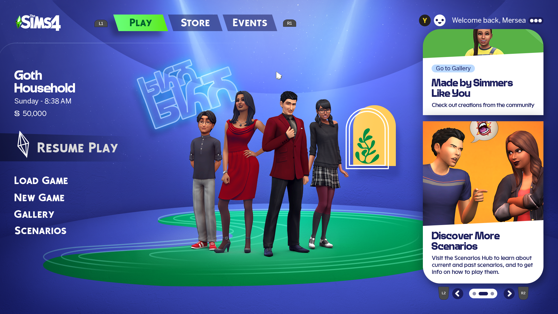 The Sims 4 new start meu showing the Goth Family front and center with modules on the side and a new blue background