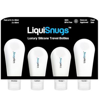 Four white LiquiSnugs bottles that can hold shampoo, lotion, soap and conditioner