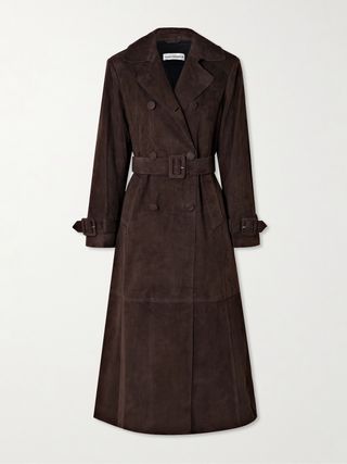 Tate Belted Paneled Double-Breasted Suede Trench Coat