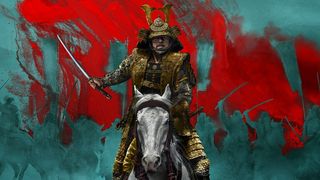 Shogun key art of a Samurai in gold armour riding a horse with a teal and red background