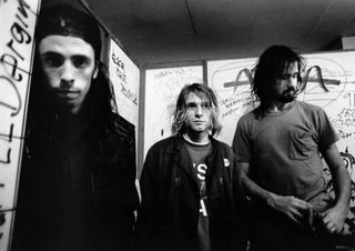 (from left) Dave Grohl, Kurt Cobain, and Krist Novoselic