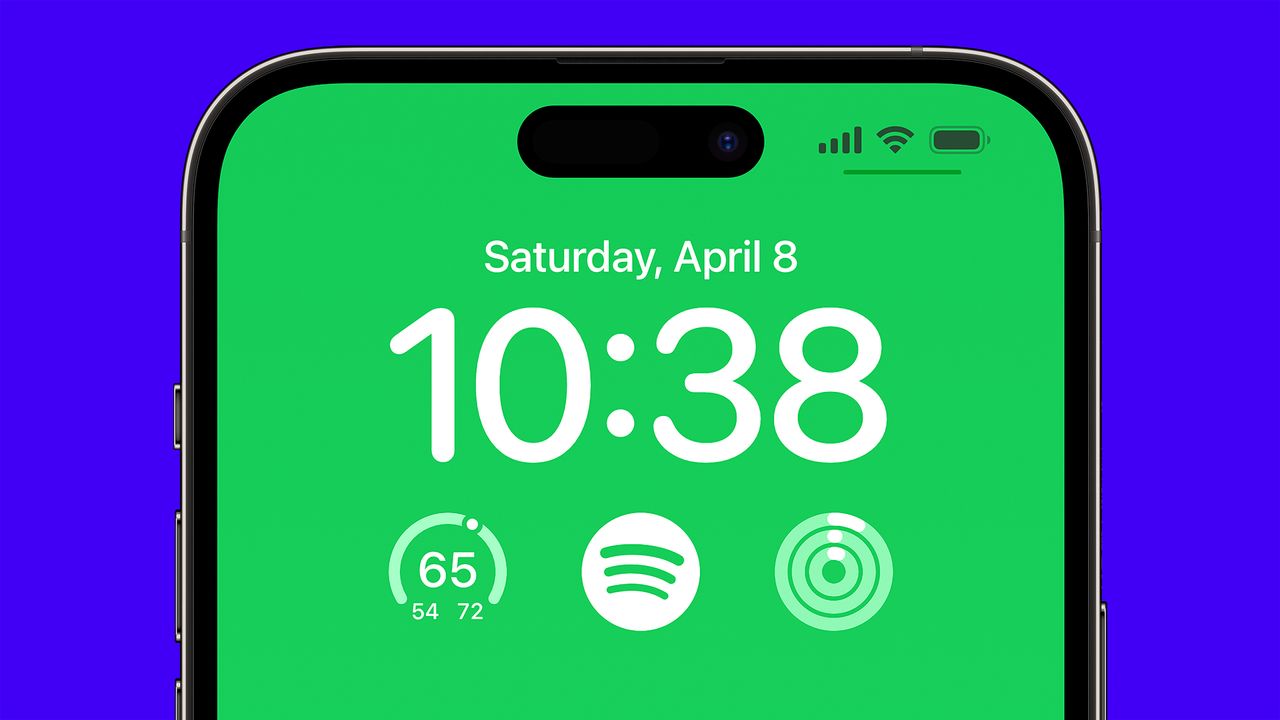 The Spotify home screen widget shown on an iPhone 14 Pro, with a green wallpaper, set against a blue background