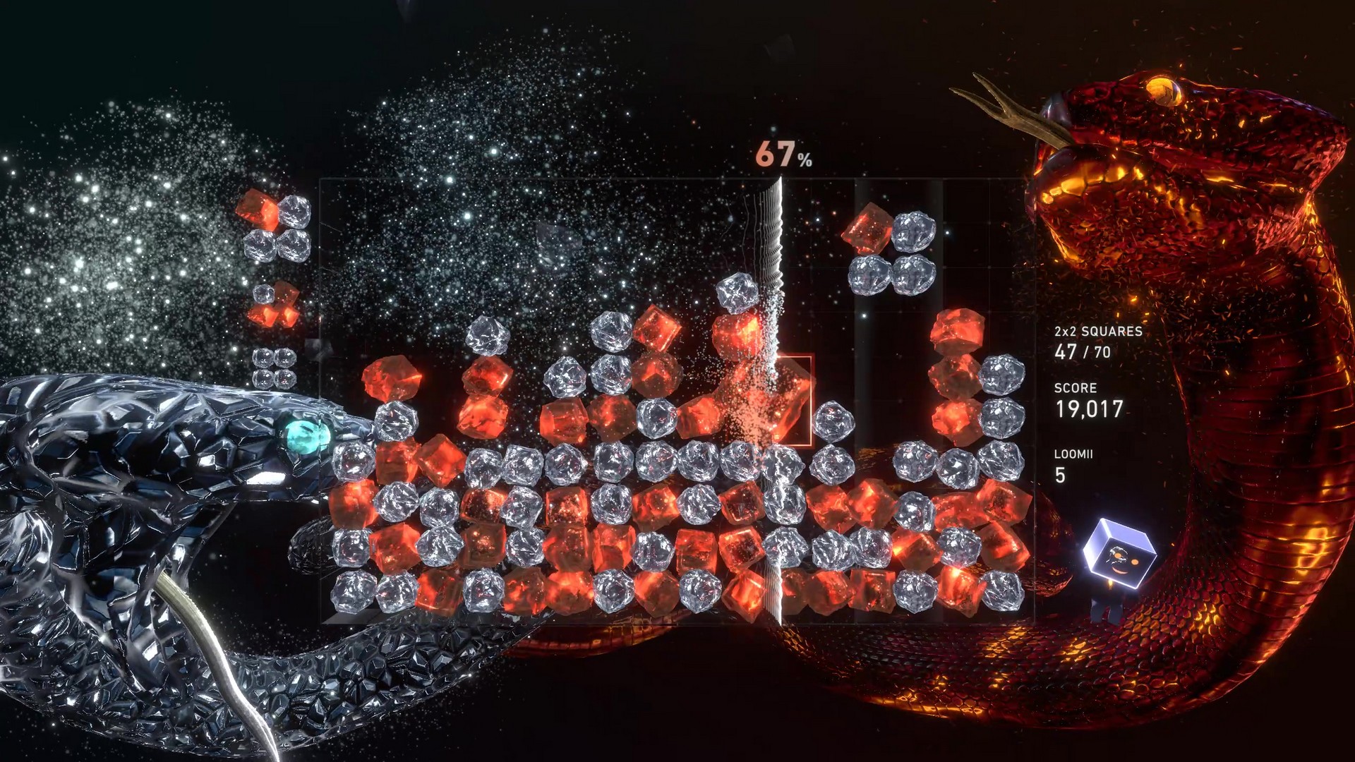 Matching gem style blocks in Lumines Arise as silver and orange snakes twist around the stage