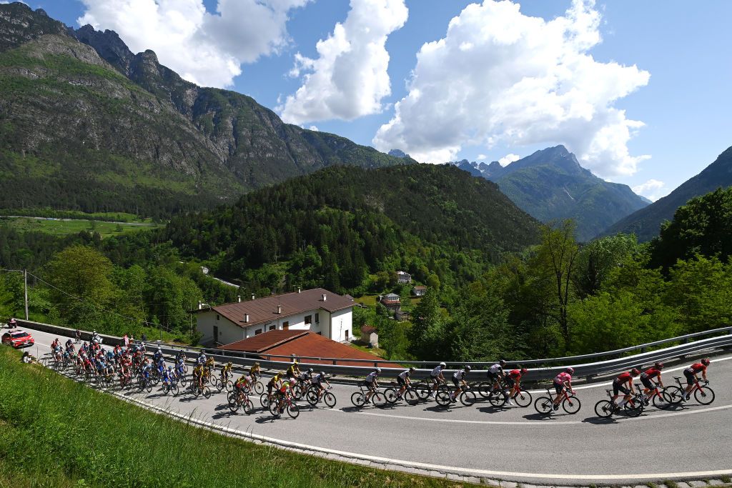 VAL DI ZOLDO PALAFAVERA ITALY MAY 25 A general view of the peloton climbing to the Pieve di Cadore 880m during the 106th Giro dItalia 2023 Stage 18 a 161km stage from Oderzo to Val di Zoldo Palafavera 1514m UCIWT on May 25 2023 in Val di Zoldo Palafavera Italy Photo by Tim de WaeleGetty Images