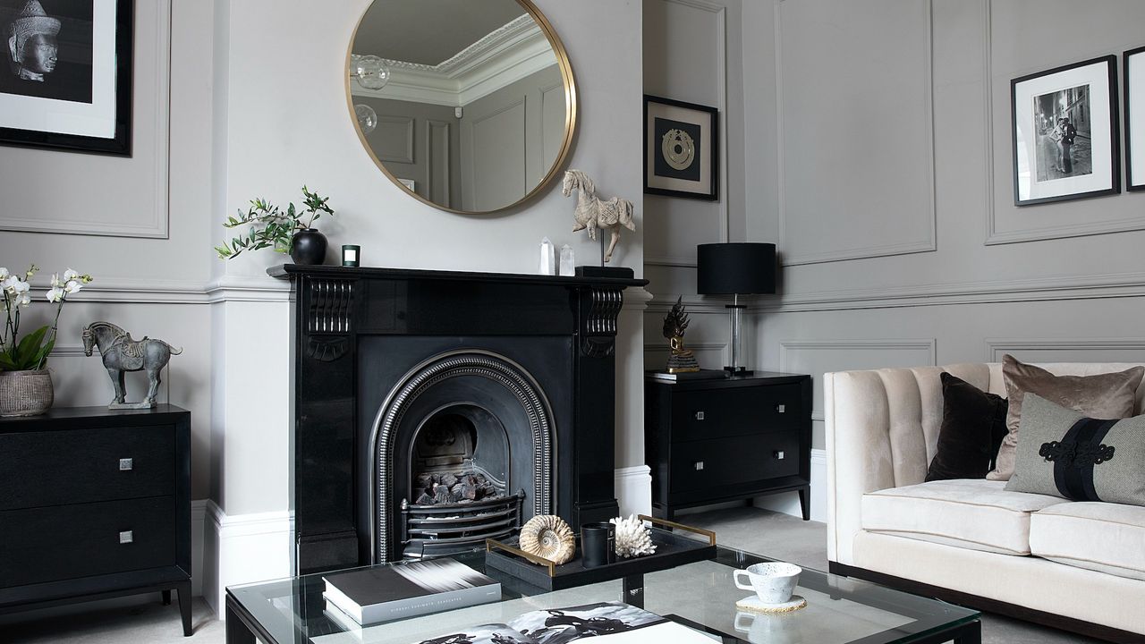 Monochrome sitting room with art deco and eastern influences