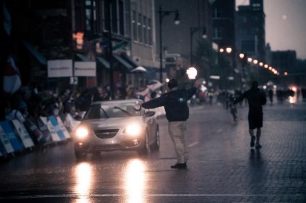 Officials come out to stop the race.