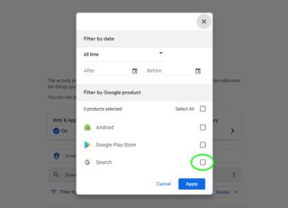 How to delete Google Search history - A dialogue box titled 'Filter by date'