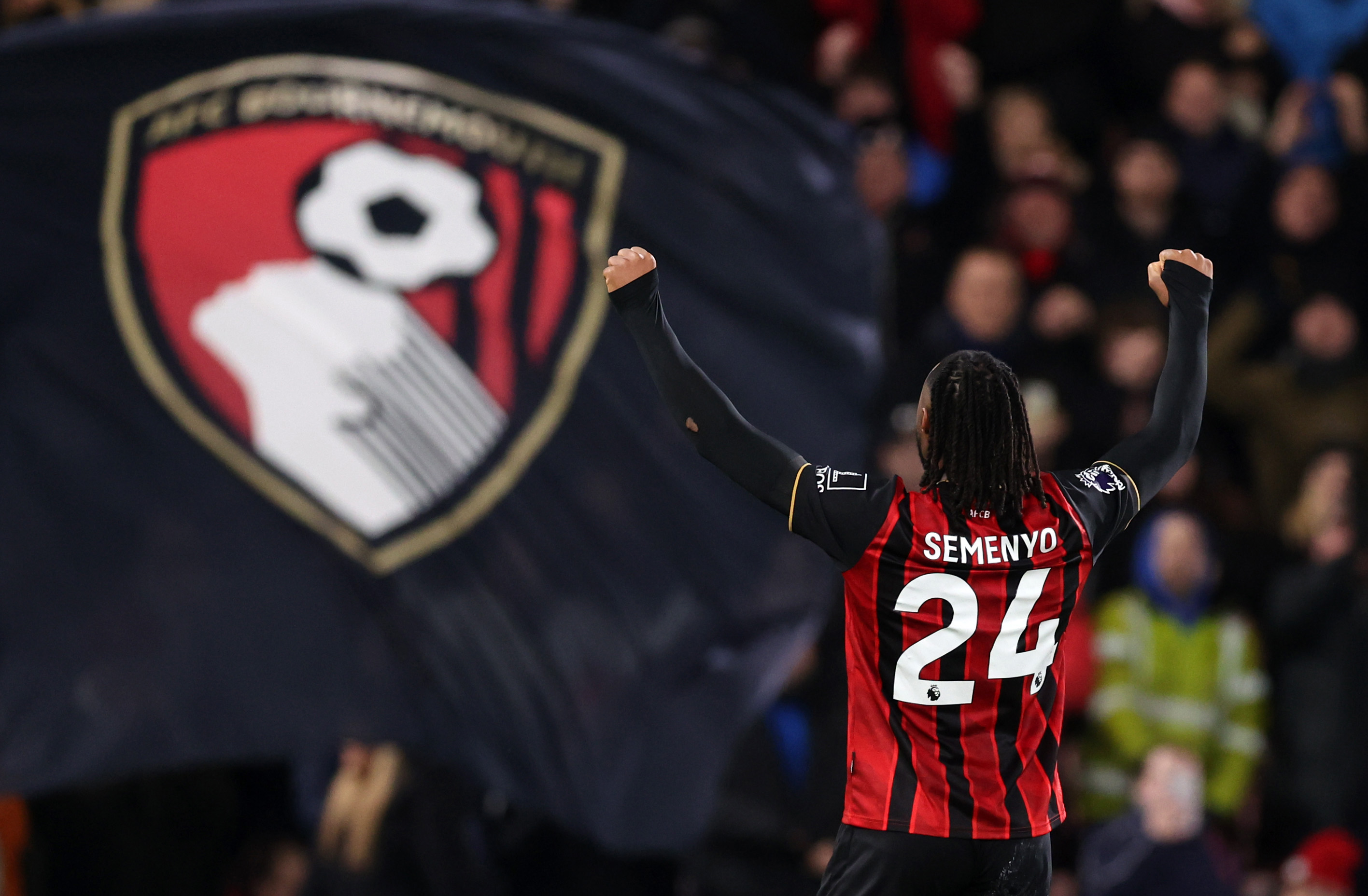 BOURNEMOUTH, ENGLAND - JANUARY 07: Antoine Semenyo of Bournemouth celebrates after scoring a goal to make it 3-2 during the Premier League match between Bournemouth and Tottenham Hotspur at Vitality Stadium on January 07, 2026 in Bournemouth, England. (Photo by Catherine Ivill - AMA/Getty Images)