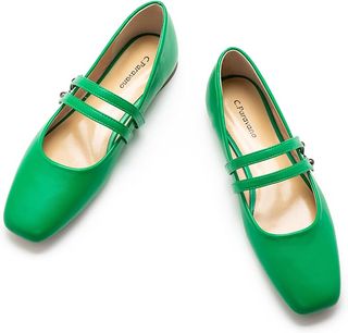 C.paravano Mary Jane Shoes for Women | Womens Square Toe Flats | Green Leather Mary Jane Flats | Ballet Flats for Wedding (size 7,green_c)