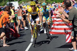 Andy Schleck and Alberto Contador on stage 14 of the 2010 Tour de France (Sunada)