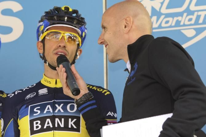 Alberto Contador (Team Saxo-Tinkoff) conducts an interview prior to stage 1.