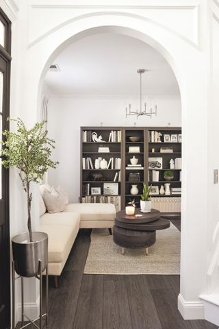living room with white walls, black bookcase and plant