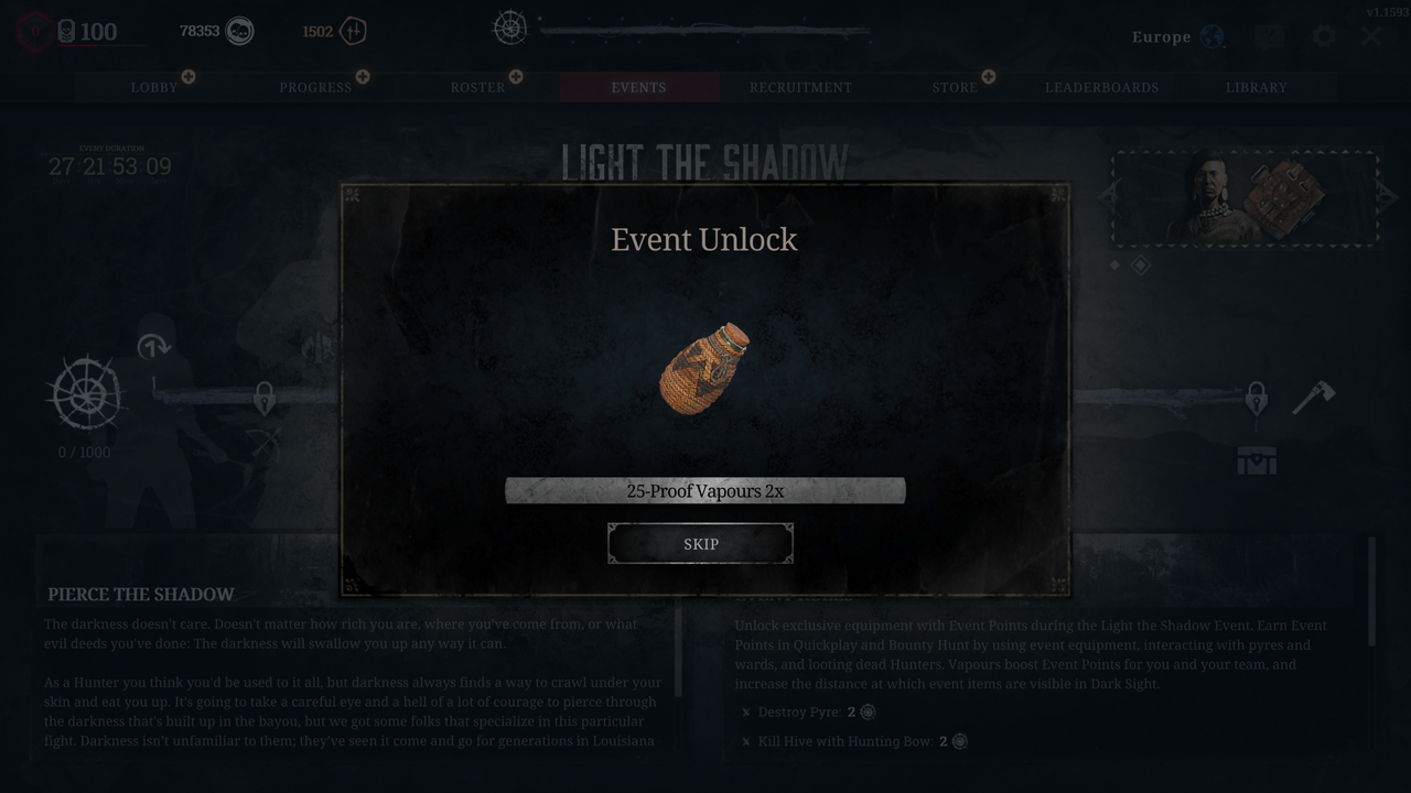 Hunt: Showdown screenshots showing the new menus for the Light the Shadow event with various rewards and paths