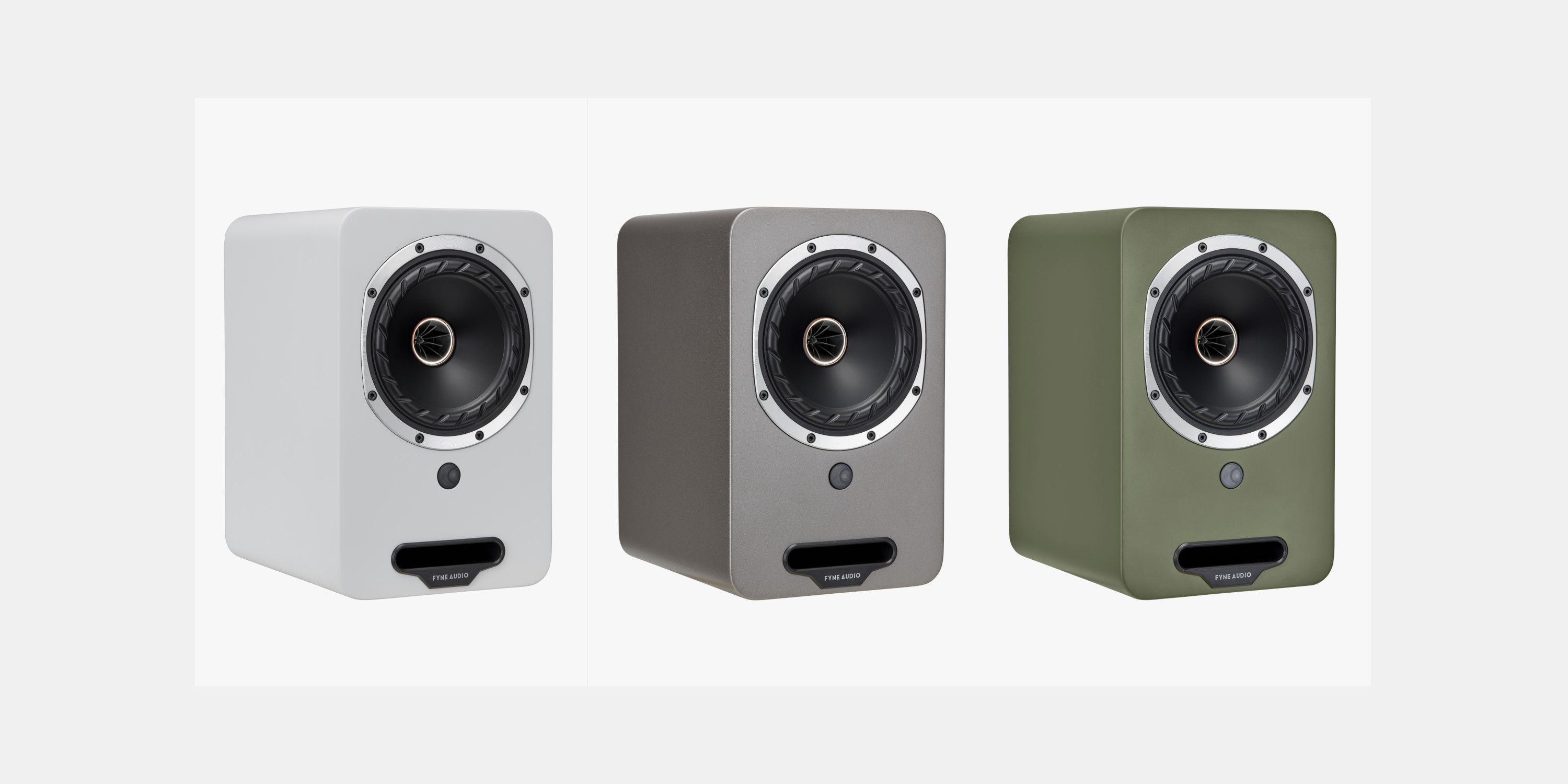 Fyne Audio Cubitt 5 bookshelf speakers in Pearl Titanium, Pebble Grey and Olive Green