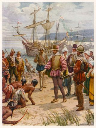 A fictional depiction of Walter Raleigh landing in Virginia