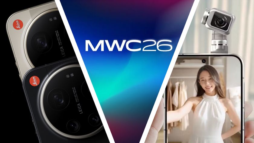 Two Xiaomi Leica phones on a black background next to the MWC 2026 logo and a person holding the Honor Robot phone