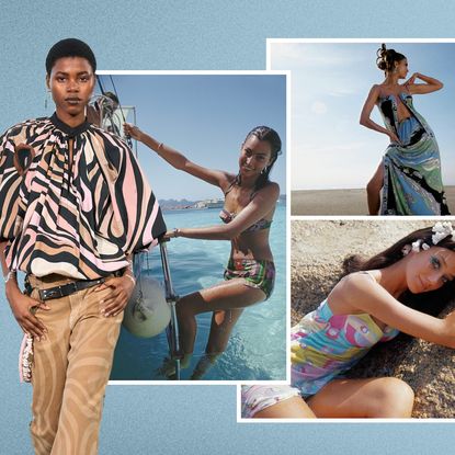 a collage of Emilio Pucci prints and women wearing bright Pucci prints
