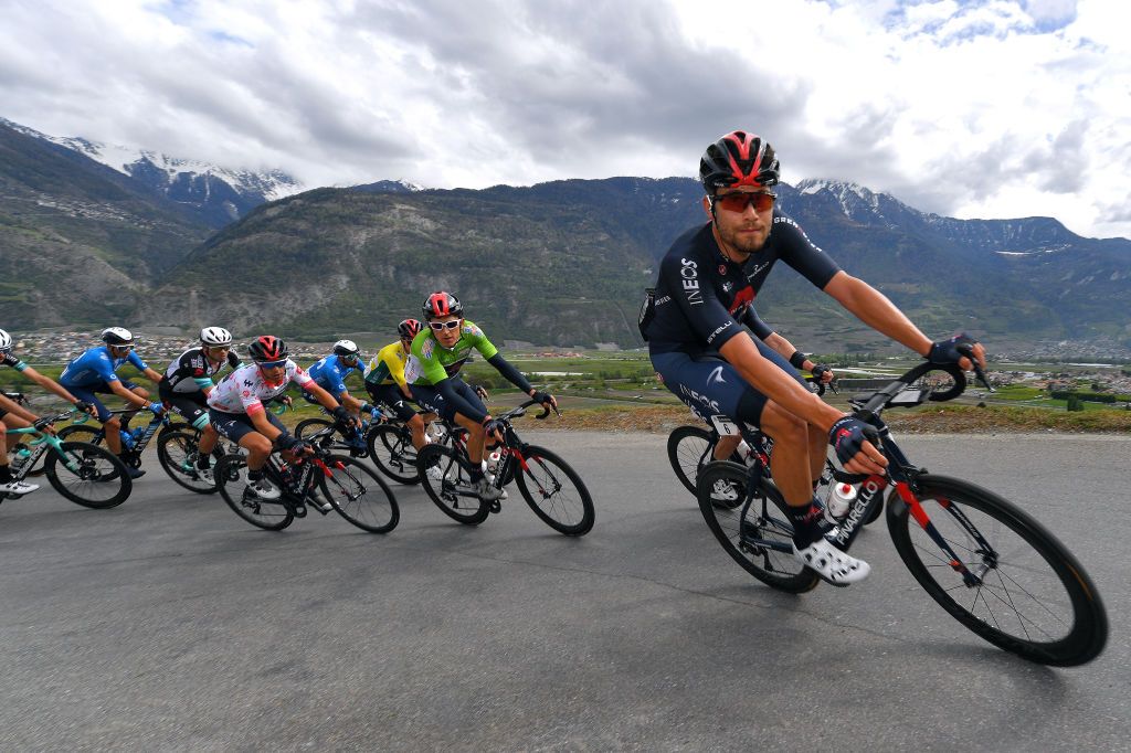 MARTIGNY SWITZERLAND APRIL 28 Richie Porte of Australia and Team INEOS Grenadiers Polka Dot Mountain Jersey Geraint Thomas of The United Kingdom and Team INEOS Grenadiers Green Points Jersey Filippo Ganna of Italy and Team INEOS Grenadiers during the 74th Tour De Romandie 2021 Stage 1 a 1681km stage from Aigle to Martigny TDR2021 TDRnonstop UCIworldtour on April 28 2021 in Martigny Switzerland Photo by Luc ClaessenGetty Images