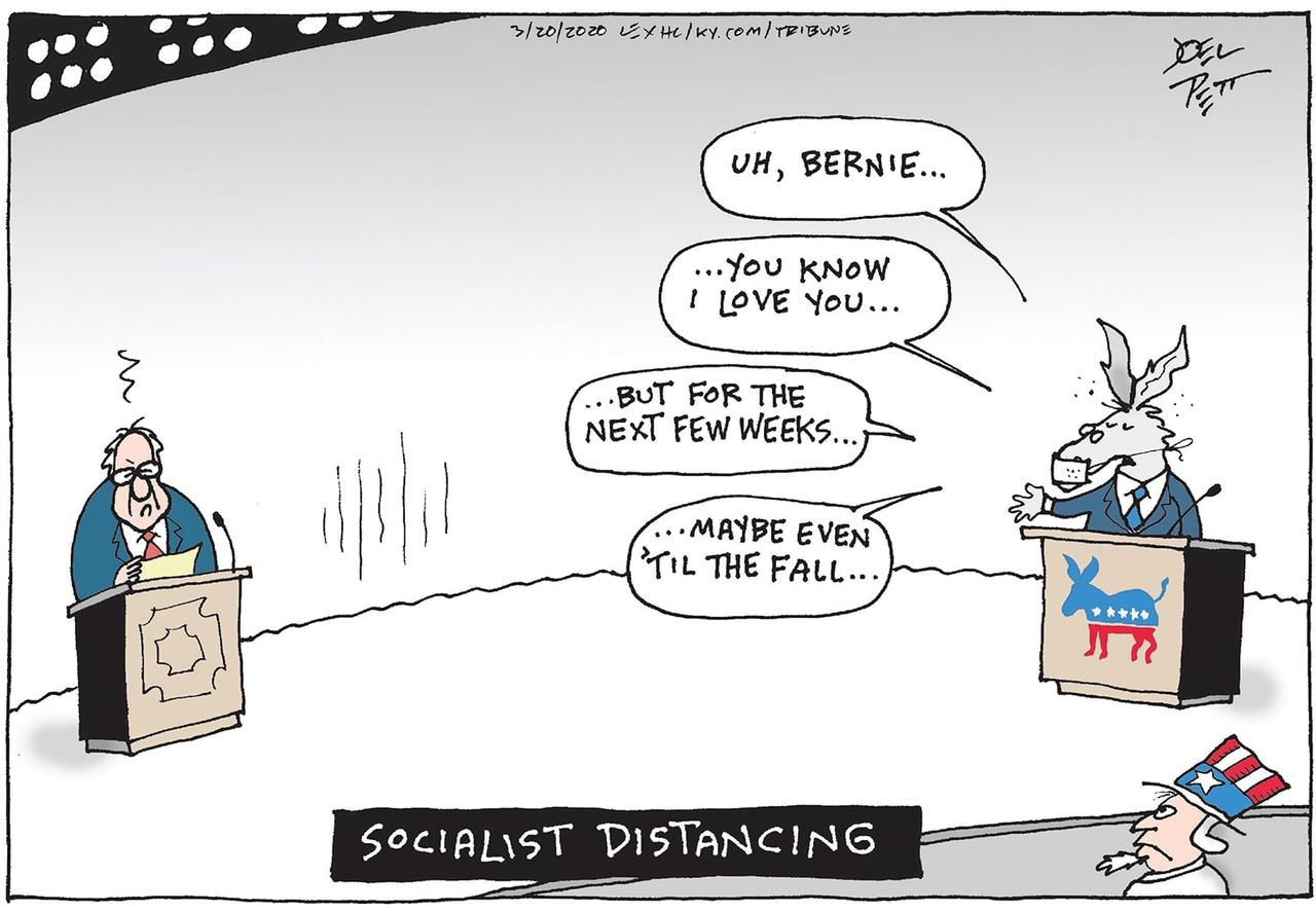 Political Cartoon U.S. Bernie Sanders Democrats 2020 presidential primaries social distancing debates