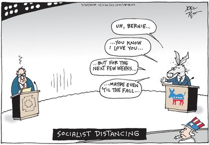 Political Cartoon U.S. Bernie Sanders Democrats 2020 presidential primaries social distancing debates