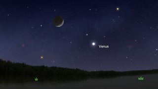 Venus reaches its greatest brightness on April 28 at 10:24 a.m. EDT (1424 GMT). This sky map shows where the planet will be on the evening before (April 27) at 10:30 p.m. EDT, as seen from New York City.