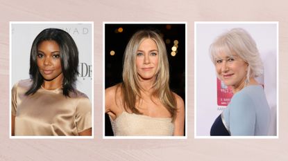 A collage of celebrities with feathered layered haircuts (L-R) Gabrielle Union, Jennifer Aniston and Helen Mirren