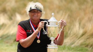 Laura Davies of England poses with the U.S. Senior Women's Open trophy after winning in 2018