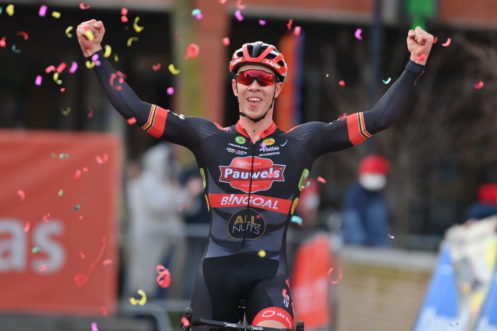 Belgian Laurens Sweeck celebrates as he crosses the finish line to win the mens elite race of the Parkcross Maldegem cyclocross race stage 7 out of 8 of the Ethias Cross trophy Saturday 05 February 2022 in MaldegemBELGA PHOTO DAVID STOCKMAN Photo by DAVID STOCKMANBELGA MAGAFP via Getty Images