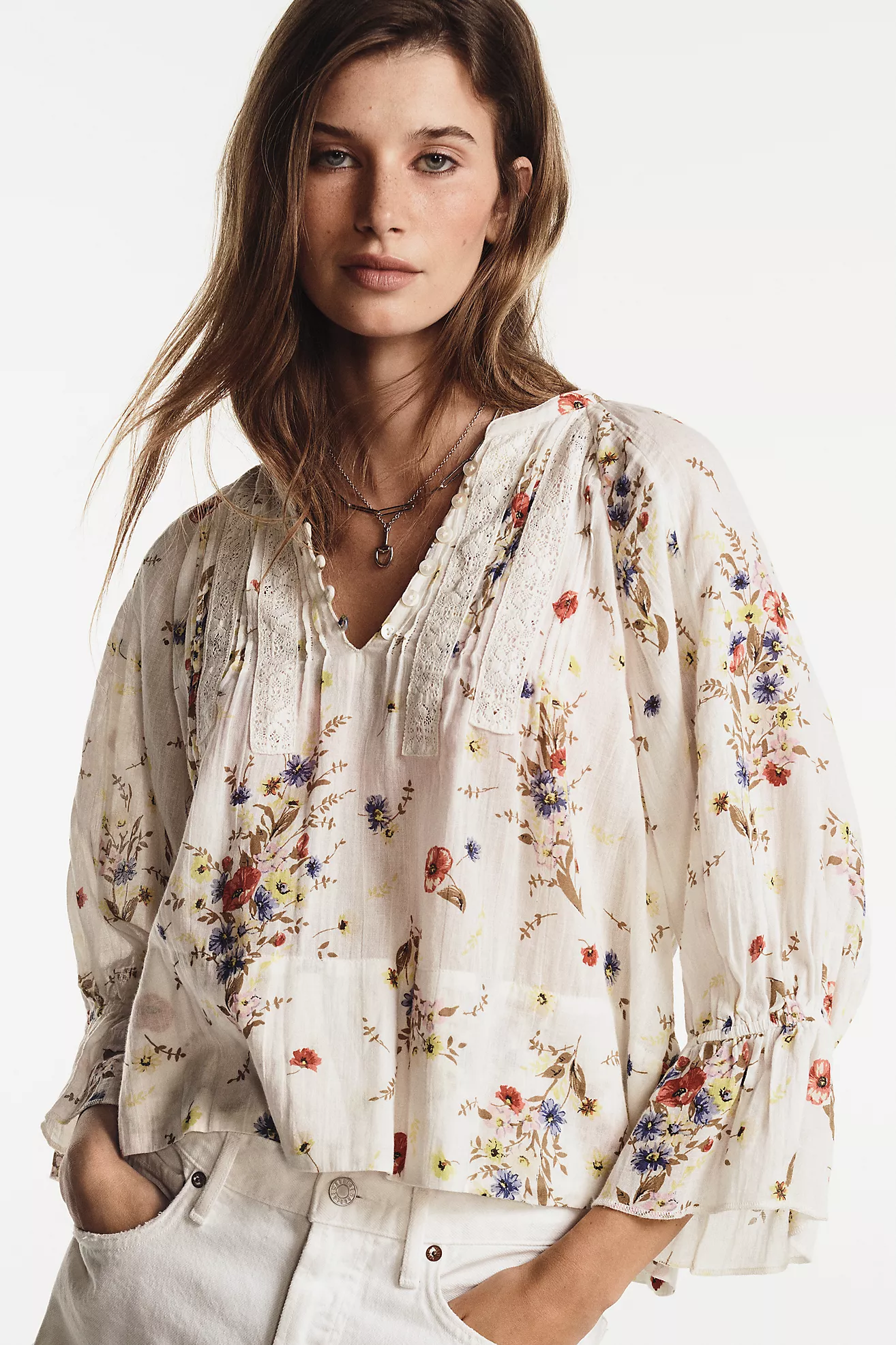By Anthropologie Cotton Pintuck V-Neck Blouse